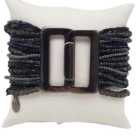 Cookie Lee Multi-Strand Beaded Bracelet With Metal Accents Black Gray Stretch - Picture 4 of 7